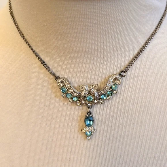 VINTAGE 1940 Silver Necklace Blue Clear Rhinestones Choker - Picture 7 of 12